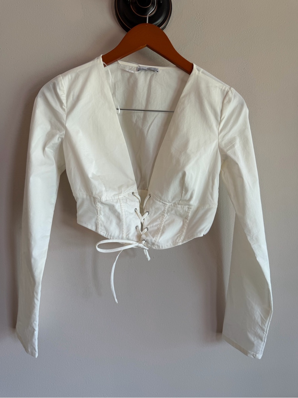 Bershka Womens White Lace Up Corset Front Long Sleeve Crop Top XS